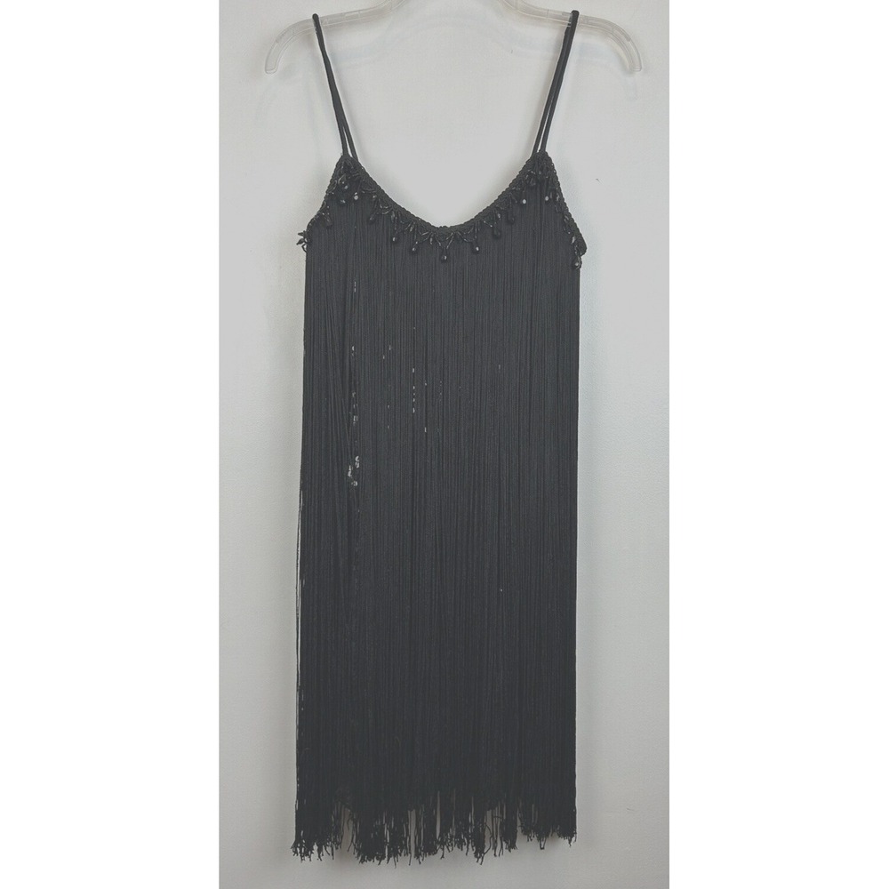 Vintage Dress Womens 4 Swing Fringe Beaded Sequins Flapper Black Tie Zip Heavy